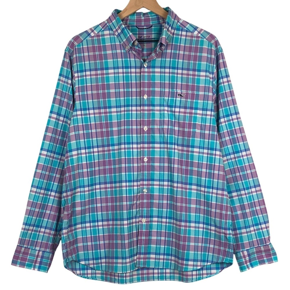 VINEYARD VINES OTG Performance Shirt Men's L Teal Purple Plaid L/S EUC 1W011734